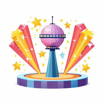 Retro Disco Ball Stage with Starbursts and Colorful Platform