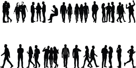 Large collection of black silhouette people in various poses including walking, standing, sitting, talking, running, and groups for architectural visualization. © Mst