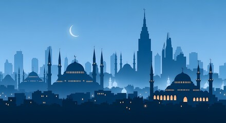Fototapeta premium Mystical Cityscape: A mesmerizing silhouette of an iconic city at twilight, where ancient architecture and modern skyscrapers intertwine under a crescent moon.