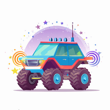 Colorful cartoon monster truck with big wheels and celebratory stars and swirls