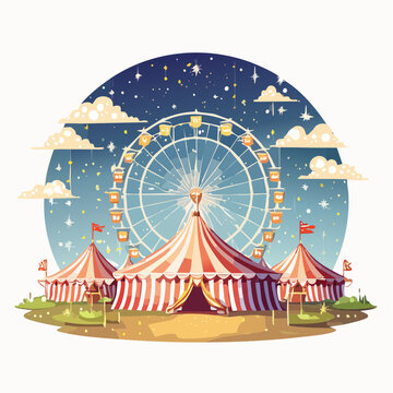 Whimsical Carnival Scene with Ferris Wheel and Striped Tents Under a Starry Sky