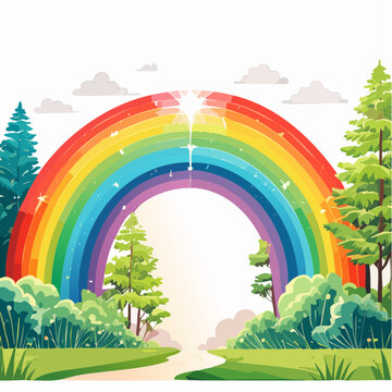 A Radiant Arc of Hope Shines Brightly Over a Lush Green Forest Path in a Whimsical Landscape