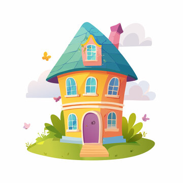 Charming whimsical cartoon house illustration on a green hill with fluffy clouds and colorful butterflies, depicting a fantasy home