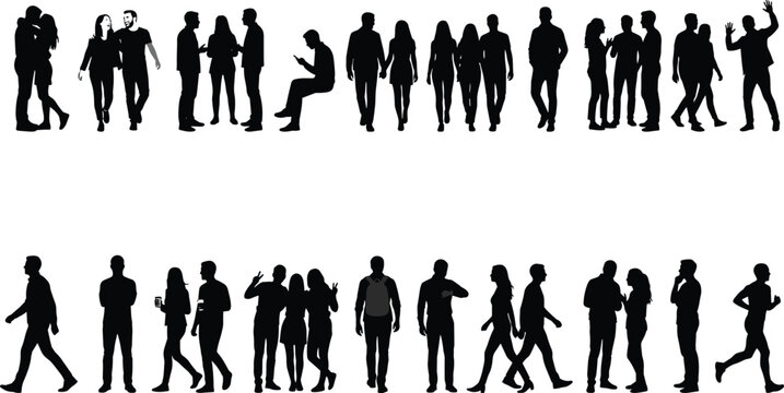 Large collection of black silhouette people in various poses including walking, standing, sitting, talking, running, and groups for architectural visualization.