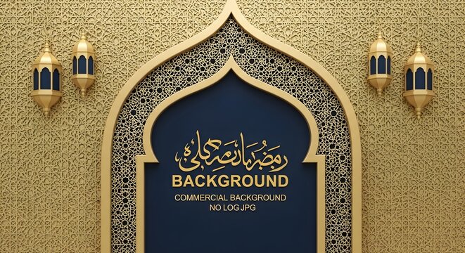 Gold Islamic arch with blue and gold lanterns on patterned wall  Ramadan background