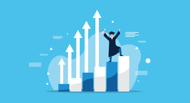Successful male graduate celebrating his academic achievement by standing on top of a rising blue business bar chart.