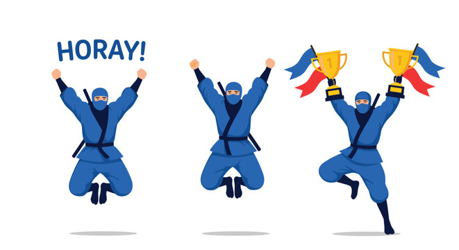 Set of blue ninja characters jumping for joy and holding golden trophies to celebrate their competitive success.