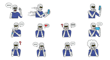 Fototapeta premium Set of cartoon mummy characters using modern mobile smartphones for taking selfies and messaging on white background.