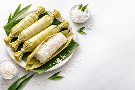 Indonesian Lepet Ketan Wrapped in Coconut Leaves on White Background