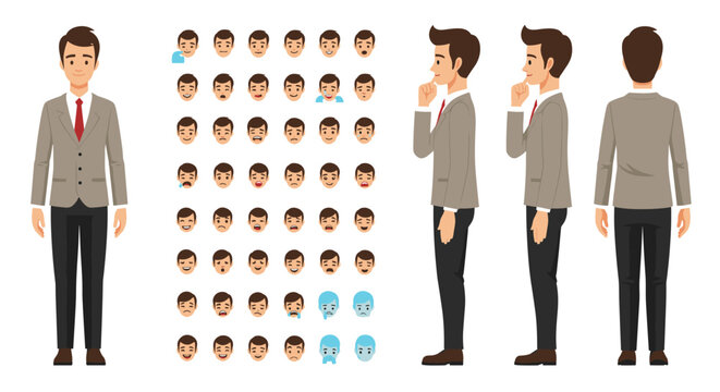 Comprehensive character sheet showing a male businessman in various facial expressions and full body profile views.