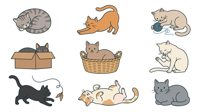 Domestic cat illustration set: nine cute flat vector kittens in various playful poses and activities