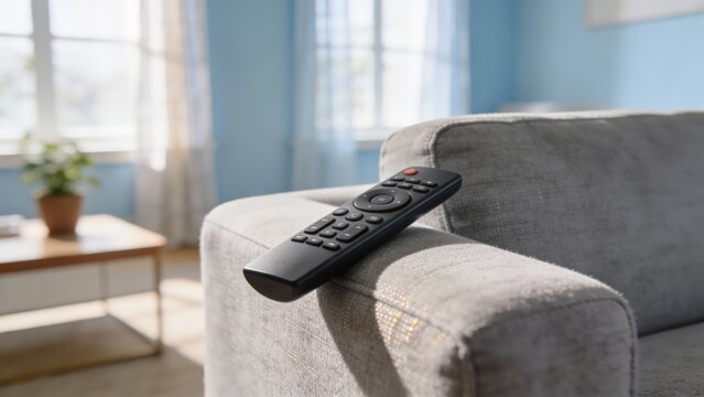 Television remote control resting on arm of grey fabric sofa in bright.