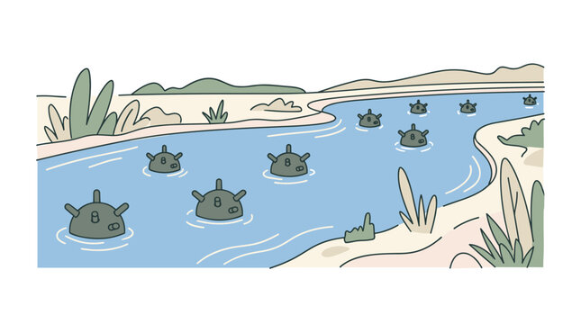 Mined river scene: floating naval mines in a dangerous waterway, flat vector illustration