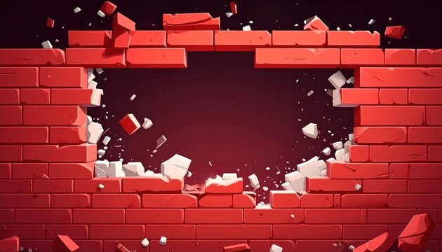 Exploding Brick Wall with Debris Flying Outwards.