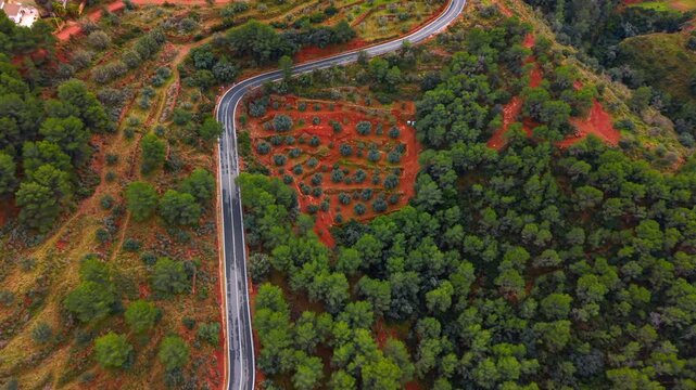 Top down view of hairpin turn on mountain road. Aerial shot of a sharp curve on asphalt road with olive groves, terraces, and red earth.