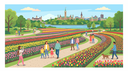 Obraz premium Illustration of people enjoying a vibrant Canadian tulip festival with blooming tulip gardens and a city skyline in the background, conveying a joyful spring celebration in Canada.