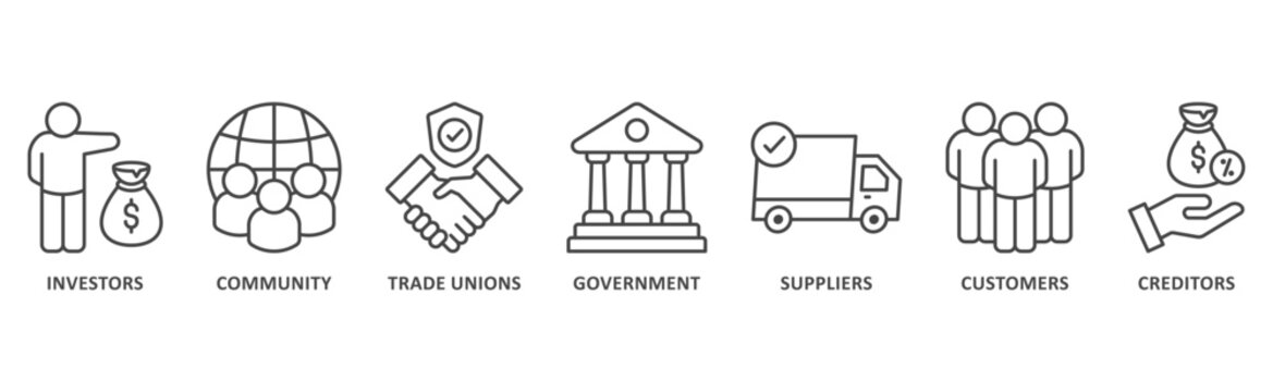 stakeholder banner web icon illustration with icon of investors, community, trade unions, government, suppliers, customers, creditors 