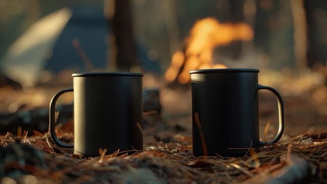 Two black mugs sit side by side on the ground, waiting for their contents