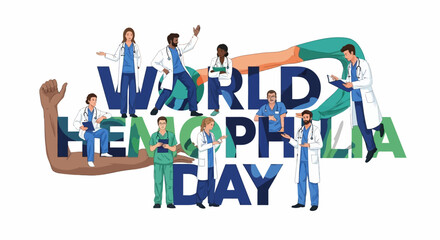 A diverse group of medical professionals stands around stylized text for World Hemophilia Day, promoting awareness of this rare genetic blood disorder in a colorful vector illustration © Rizki