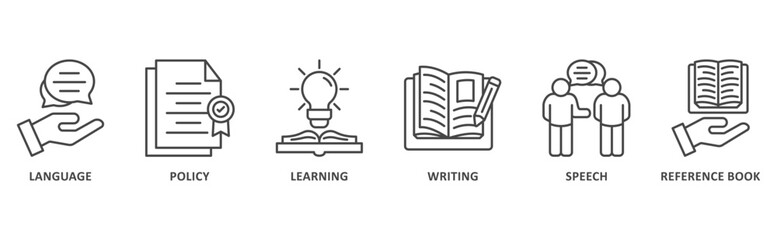 grammar banner web icon illustration with icon of language, policy, learning, writing, speech, reference book © Iracons