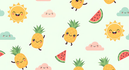 Obraz premium Cute Summer Seamless Pattern with Smiling Sun, Pineapple Characters and Watermelon – Pastel Kids Cartoon Background