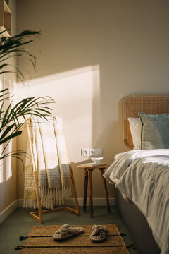 Cozy bedroom with simple design and natural light in a hotel