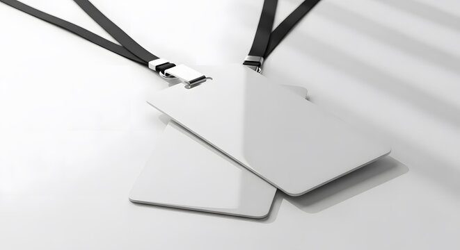 Realistic mockup of two empty white name tags with grey neck straps on a bright wall. Minimalist professional design for business identification, conference visitor access, and credentials