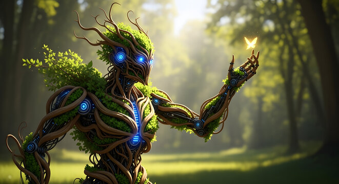 Enchanted forest guardian a luminescent treant with glowing eyes and a fiery torch

