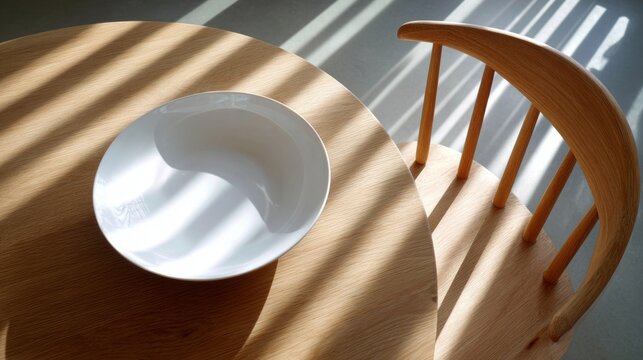 Soft sunlight filters through the window, casting stripes across a warm wooden table. A beautifully simple bowl rests gracefully on the surface beside a light-colored chair