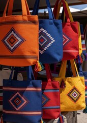 Naklejka premium Colorful Handmade Textile Tote Bags at Outdoor Market
