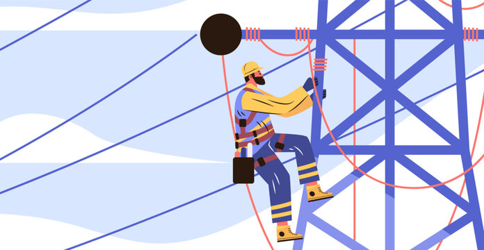 Electrical lineworker climbing transmission tower safety harness blue sky geometric structure professional occupation energy industry