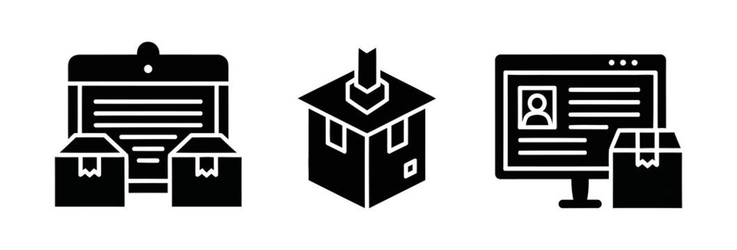 Vector icons of delivery and shipping services including packages, warehouse, and online order tracking on a computer monitor