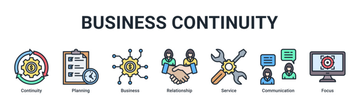 Business Continuity web banner icon vector illustration with icons of Continuity, Planning, Business, Relationship, Service, Communication and Focus