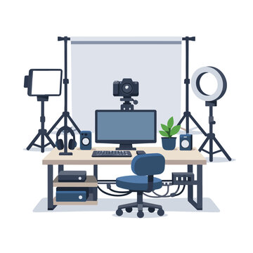 Video Production Studio Camera Setup Using Headset And Keyboard On Computer Monitor