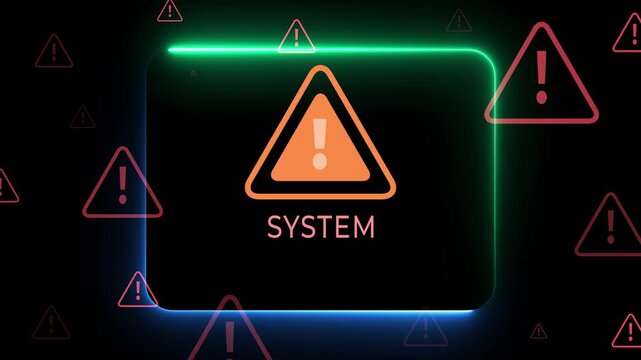 System warning alert signals critical security issue idea. Suspicious activity shows possible breach. Data & system hacked concept on the black background. 