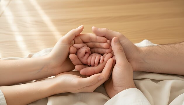 Parents hands cradling a newborn baby with parents for International Day of Families concept representing love protection and unity in a warm home setting