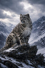 Fototapeta premium Snow Leopard Majesty in Mountain Wilderness: A majestic snow leopard perches regally upon a rocky outcrop amidst a stark, snow-dusted mountain landscape.