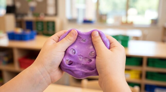Child hands pressing purple noise putty sensory slime autism ADHD classroom