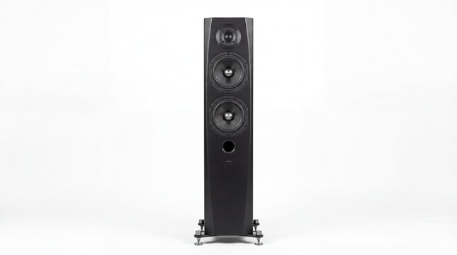 A tall black floor standing loudspeaker featuring three drivers and a high fidelity audio design