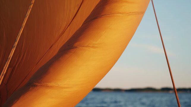 Taut Curved Spinnaker Fabric under Strong Wind Closeup, Visible Seam Strain, Smooth Bulge like Petal, Blurred Sea and Sky, Sailing Power