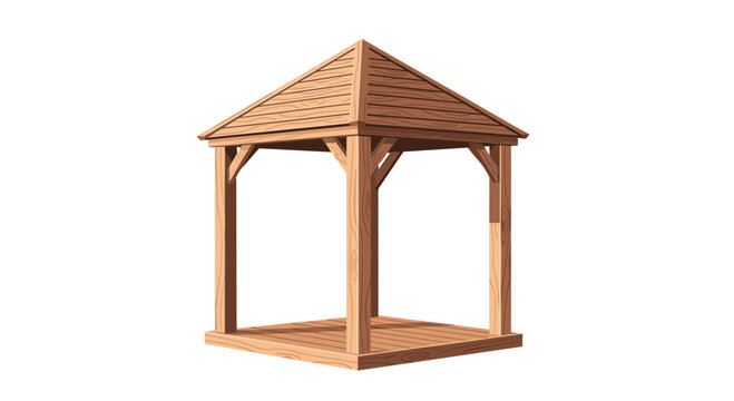 A pristine wooden garden gazebo features a meticulous pyramid-shaped slatted roof and a solid timber deck while standing isolated against a white background.