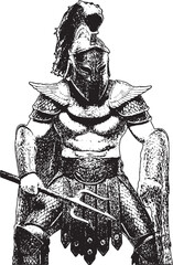 Fototapeta premium Ancient Spartan Warrior Gladiator with Trident Vintage Engraving. A powerful ancient gladiator or Spartan warrior wearing a plumed helmet and heavy scale armor, holding a trident. ideal for historical