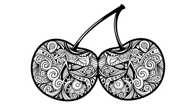 Intricately detailed black and white illustration of two cherries, filled with complex swirling mandala patterns.