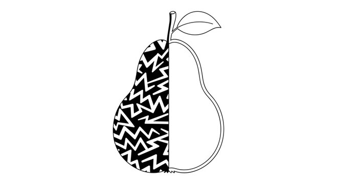 Abstract black and white illustration of a pear, with one half filled with a dynamic zigzag pattern and the other outlined.
