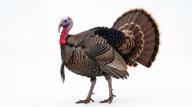 A male wild turkey standing with its tail feathers partially fanned out in a side view profile