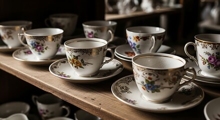 Fototapeta premium Vintage Porcelain Tea Cups and Saucers Displayed on Wooden Shelf.