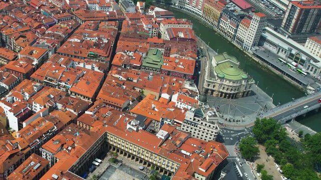 Aerial view of the old town of the city Bilbao on a sunny summer noon in Spain