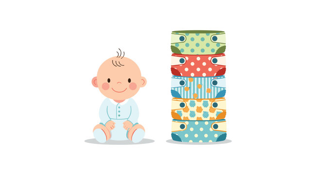 A cute baby in a light blue outfit sits calmly beside a tall vertical stack of reusable cloth diapers featuring various colorful polka dot patterns here.