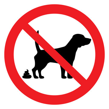 Dog and excrement, ban pooping sign. Clean up after your pet. Shitting is not allowed. Information red circle sign for animal owners. Vector illustration.