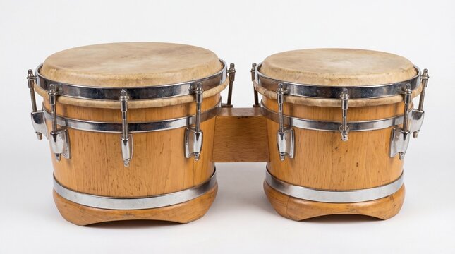 A pair of traditional wooden bongo drums featuring metallic rims and natural skin drumheads